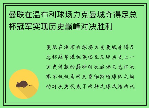曼联在温布利球场力克曼城夺得足总杯冠军实现历史巅峰对决胜利 曼联在温布利球场力克曼城夺得足总杯冠军实现历史巅峰对决胜利