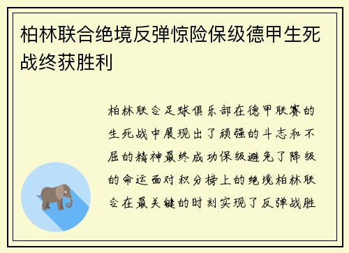 柏林联合绝境反弹惊险保级德甲生死战终获胜利